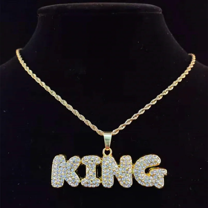 Hip Hop Full Rhinestone KING QUEEN Pendant Necklace Cuban Chain Iced Out Bling