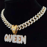Hip Hop Full Rhinestone KING QUEEN Pendant Necklace Cuban Chain Iced Out Bling