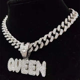 Hip Hop Full Rhinestone KING QUEEN Pendant Necklace Cuban Chain Iced Out Bling