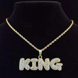Hip Hop Full Rhinestone KING QUEEN Pendant Necklace Cuban Chain Iced Out Bling