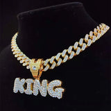 Hip Hop Full Rhinestone KING QUEEN Pendant Necklace Cuban Chain Iced Out Bling