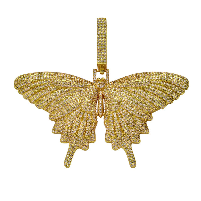 Hip Hop Iced Out CZ Bling Butterfly Pendant Necklace Rope Chain