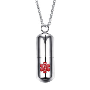 Men Women Medical Alert Necklace Storage Box Pendant