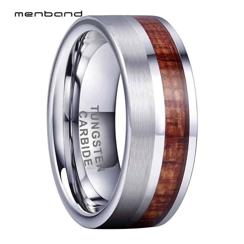 Men Women Tungsten Ring Flat Wedding Band Real Wood Inlay 8MM Comfort Fit