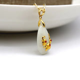 Men Women Water Drop Necklace 24K Real Diamond Flowers Hetian Jade Pendants