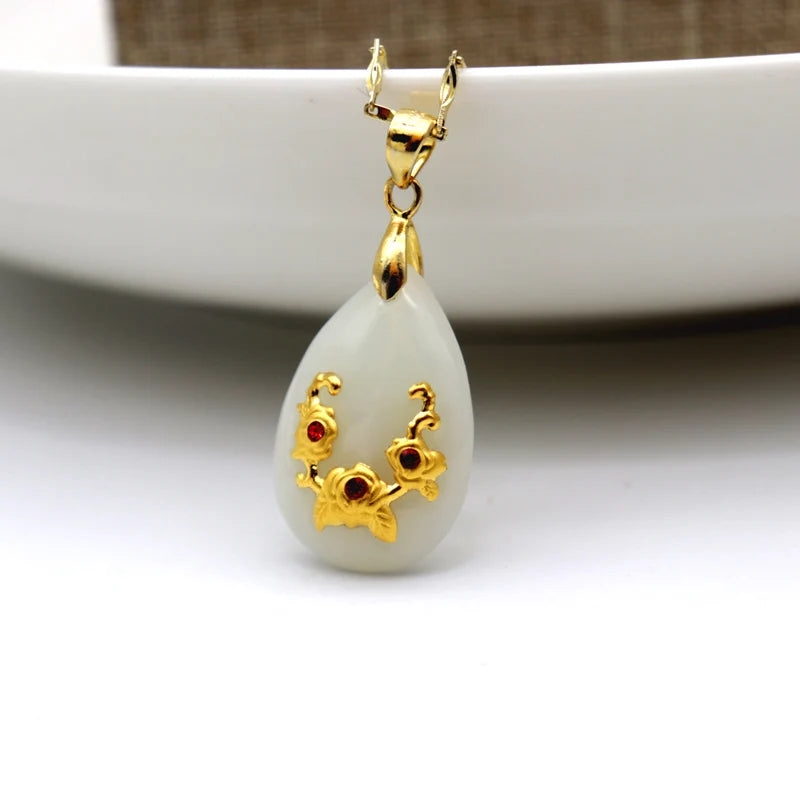 Men Women Water Drop Necklace 24K Real Diamond Flowers Hetian Jade Pendants