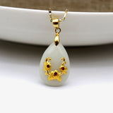 Men Women Water Drop Necklace 24K Real Diamond Flowers Hetian Jade Pendants
