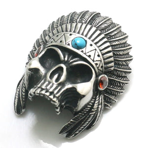 Men's Stainless Steel Feather Skull Pendant with Red Stone