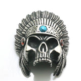 Men's Stainless Steel Feather Skull Pendant with Red Stone