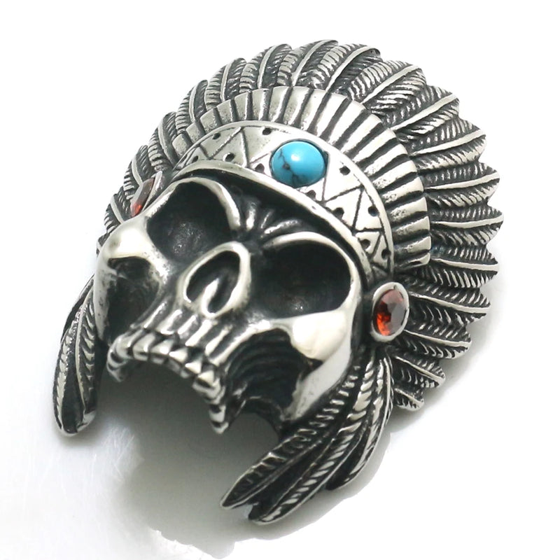 Men's Stainless Steel Feather Skull Pendant with Red Stone