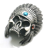 Men's Stainless Steel Feather Skull Pendant with Red Stone