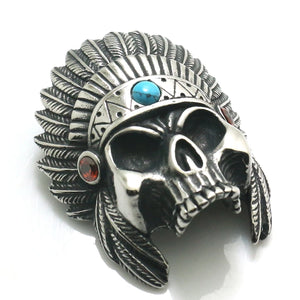 Men's Stainless Steel Feather Skull Pendant with Red Stone