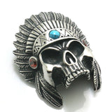 Men's Stainless Steel Feather Skull Pendant with Red Stone