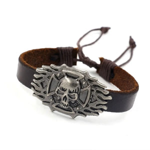 Men's 925 Silver Vintage Flame Skull Leather Bracelet