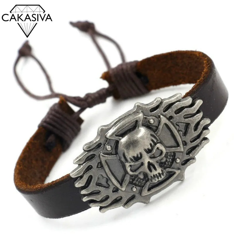 Men's 925 Silver Vintage Flame Skull Leather Bracelet