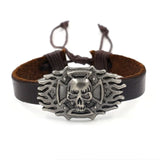Men's 925 Silver Vintage Flame Skull Leather Bracelet