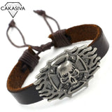 Men's 925 Silver Vintage Flame Skull Leather Bracelet