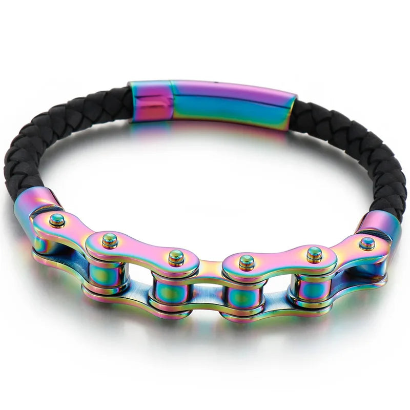 Men's Bike Motorcycle Link Chain Bracelet Leather Cuff Wristband