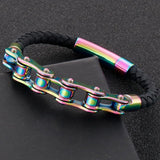 Men's Bike Motorcycle Link Chain Bracelet Leather Cuff Wristband