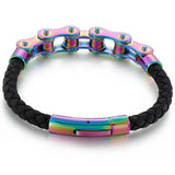 Men's Bike Motorcycle Link Chain Bracelet Leather Cuff Wristband