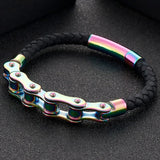 Men's Bike Motorcycle Link Chain Bracelet Leather Cuff Wristband