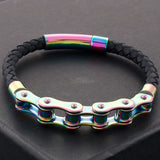 Men's Bike Motorcycle Link Chain Bracelet Leather Cuff Wristband