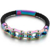 Men's Bike Motorcycle Link Chain Bracelet Leather Cuff Wristband