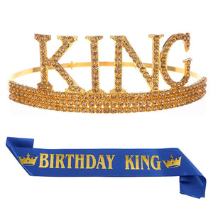 Men's Birthday Crown and Belt Set with Rhinestone KING Tiara for Birthday Party