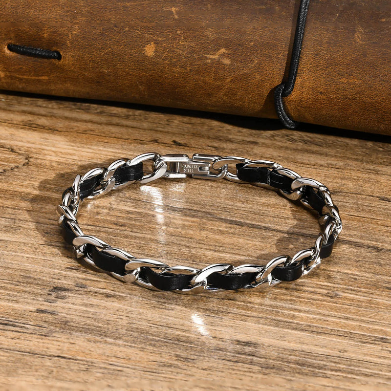 Men's Leather Chain Bracelets Waterproof Cuban Links Wristband