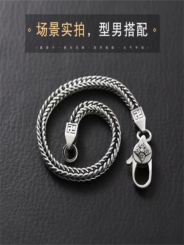 Men's S925 Silver Hand-woven Bracelet Domineering Retro Couple Gift Bangle