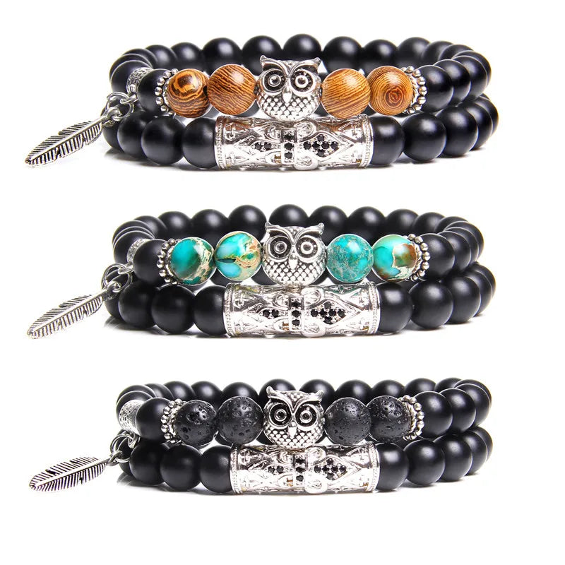 Men's 7-Color Stone Beads Bracelet with Silver Owl Charm
