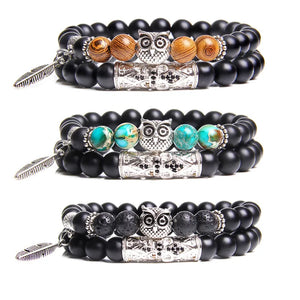 Men's 7-Color Stone Beads Bracelet with Silver Owl Charm