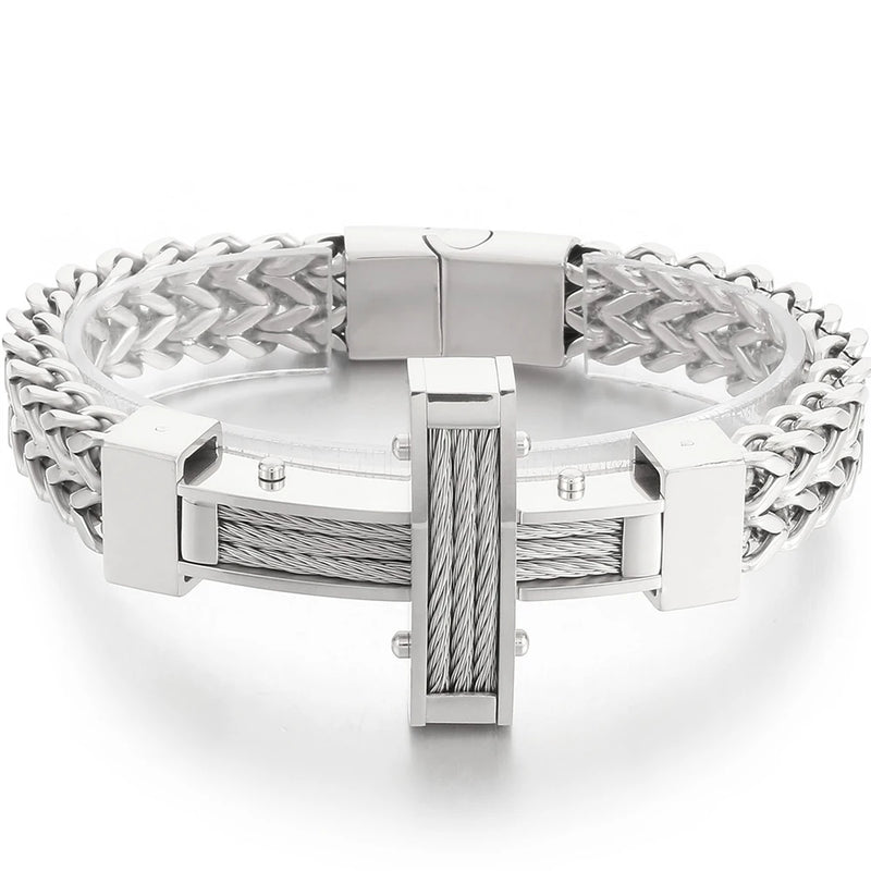 Men's Stainless Steel Faith Cross Bracelet with Magnet Clasp