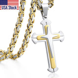 Men's Cross Pendant Necklace Stainless Steel Byzantine Chain Hip Hop Jewelry