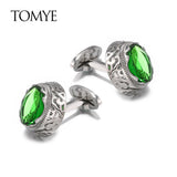 Green Crystal Classic Buttons Silver Cuff Links