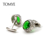 Green Crystal Classic Buttons Silver Cuff Links