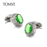 Green Crystal Classic Buttons Silver Cuff Links