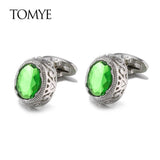 Green Crystal Classic Buttons Silver Cuff Links