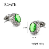 Green Crystal Classic Buttons Silver Cuff Links
