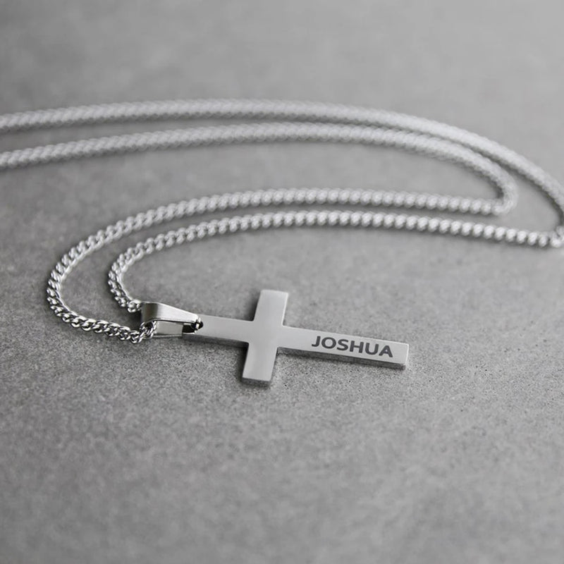 Men's Stainless Steel Cross Name Necklace Engraved Gift