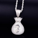 Men's Dollar Bag Pendant Necklace Bling Cubic Zircon Hip Hop Rock Jewelry