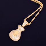 Men's Dollar Bag Pendant Necklace Bling Cubic Zircon Hip Hop Rock Jewelry