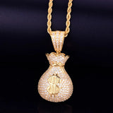 Men's Dollar Bag Pendant Necklace Bling Cubic Zircon Hip Hop Rock Jewelry