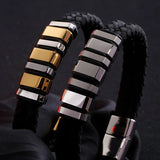 Men's Double Titanium Steel Corrugated Leather Bracelet