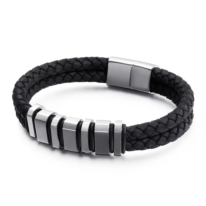 Men's Double Titanium Steel Corrugated Leather Bracelet