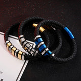 Men's Double Titanium Steel Corrugated Leather Bracelet
