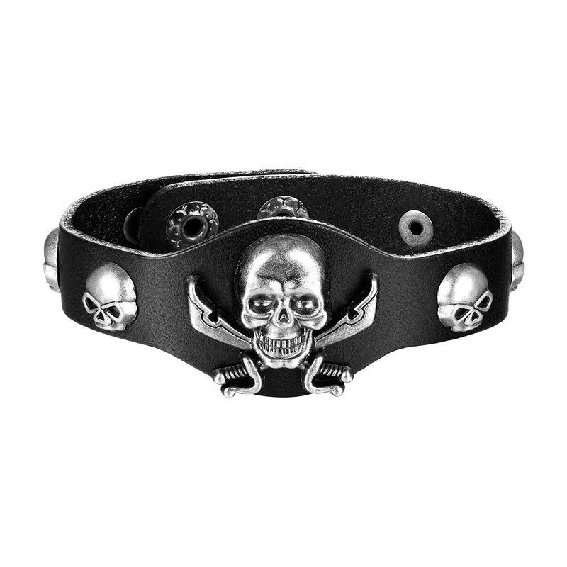 Men's Skull Wide Bracelet Cuff Punk Faux Leather Wristband Jewelry