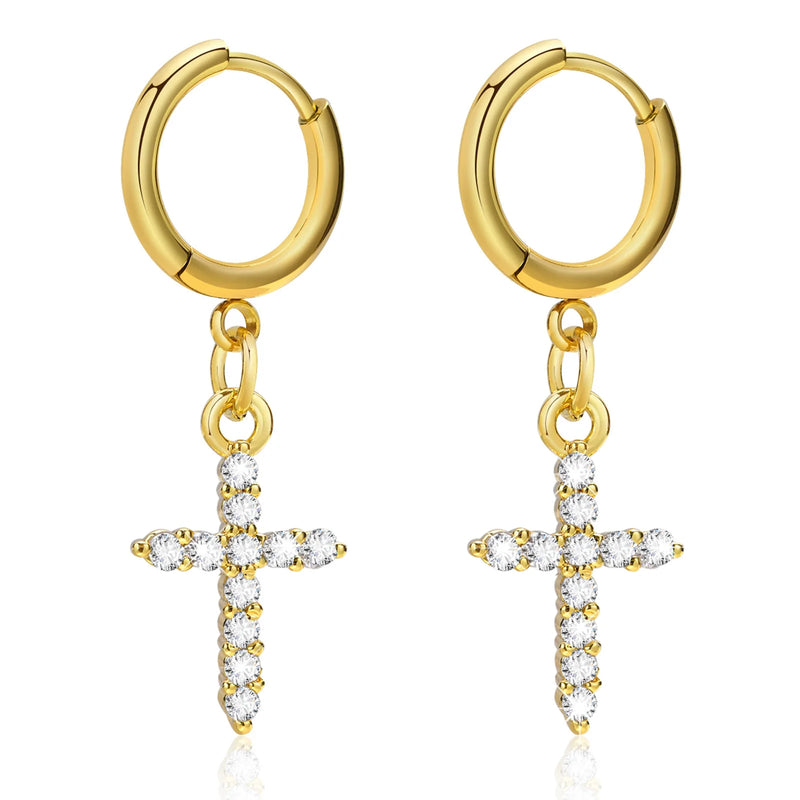 Men's CZ Stones Dangle Cross Earrings - Him Jewelry