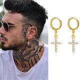 Men's CZ Stones Dangle Cross Earrings - Him Jewelry