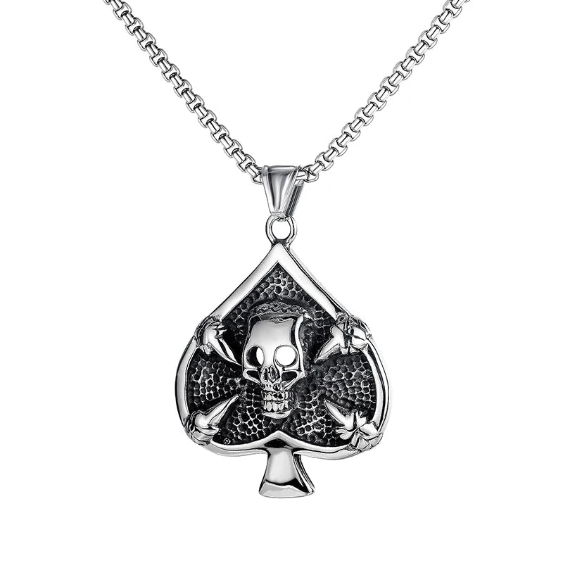 Men's Halloween Retro Skull Pendant Necklace Gothic Stainless Steel Spade Skelet